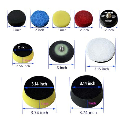 ZOTA 12Pcs Car Buffing Kit, 2"/ 3" Sponge Polishing Pad with 2 Set Carbon Brush, 2"/ 3" Base Plate [5/16-24Unf] Screw Connection, Drill Polisher Attachment Suitable for 2"/ 3" Dual Action Polisher