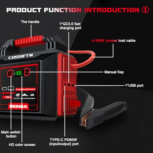 Heavy Duty Trucks 18000A 12V Car Jump Starter Portable Power Bank with PD 60W Two-Way Fast-Charging, Battery Booster Pack for Truck, Diesel, RV, SUV, and All Gas Engines