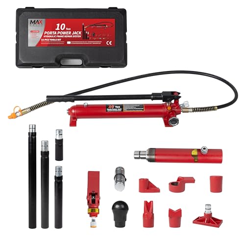 10 Ton (20,000 lbs Capacity) Porta Power Jack Hydraulic Ram Auto Body Frame Collision Repair Kit Set, 16-Pcs, with Blow Mold Carrying Case for Cars, Trucks, SUVs & More - size: 10 Ton without gauge