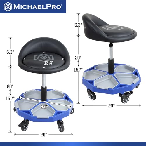 MichaelPro Rolling Mechanic Stool with 5 Removable Tool Trays for Storage, Pneumatic Garage Shop Chair with 350 lb Capacity, Adjustable Height, Padded Swivel Shop Stool with Wheels, Brakes, Backrest