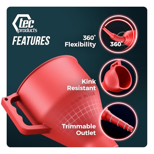 TEC Products FlexAll Long Flexible Funnels - Automotive Oil Funnel with Hose, Durable Nitrile Rubber for Oil Change, Transmission Funnel Fluid, Diesel, Fuel, Gas - Made in USA - Red (12 x 4 Inches) - color: Red, size: Small