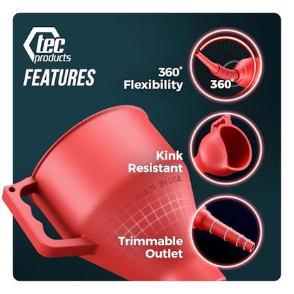 TEC Products FlexAll Long Flexible Funnels - Automotive Oil Funnel with Hose, Durable Nitrile Rubber for Oil Change, Transmission Funnel Fluid, Diesel, Fuel, Gas - Made in USA - Red (12 x 4 Inches) - color: Red, size: Small