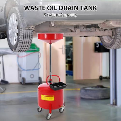 Garvee 8 gal Waste Oil Drain Tank, Portable Oil Drain Container, Air Operated Drainer, Fluid Fuel Transfer Drainage, Adjustable Funnel Height with Wheel &15 in Premium Bowl and a Toolbox, Red - size: 8 Gallon
