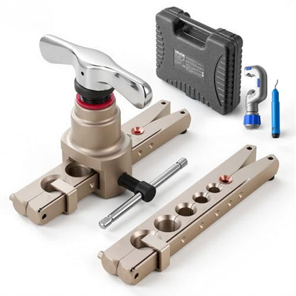 VEVOR Flaring Tool HVAC, 45° Eccentric Single Flaring Tool for 1/4"-3/4" & 6-19mm Copper Aluminum Tubes - with Metric & SAE Clamps, Tube Cutter & Toolbox for Refrigeration Air Conditioner Repair - size: SAE & Metric Sizes