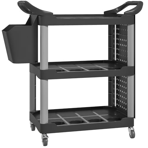 HOMCOM 3 Tier Utility Cart on Wheels with Pegboards, Black and Light Gray | Rolling Tool Storage, Bucket, 200 LBS Load Capacity, Plastic Service Cart, Garage, Warehouse, Workshop - color: Black and Light Gray, size: 39" W x 16.9" D x 38.2" H