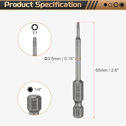 HARFINGTON 3pcs T7 Torx Head Screwdriver Bit 1/4" Hex Shank 2.6" (65mm) Long Magnetic No Hole Tip Tamper Proof 6 Point Star Screw Driver Drill Bits S2 Steel Industrial Power Screwdrivers - size: T7 x 2.6"(65mm)