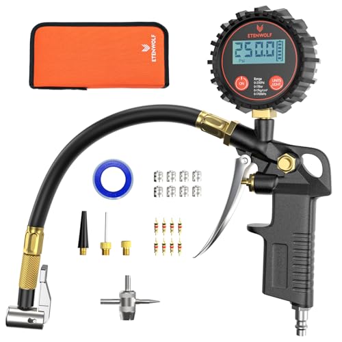 ETENWOLF T500 Digital Tire Pressure Gauge with Inflator, Tire Gauge 0-250 PSI, Calibrated to ANSI B40.7 Grade 2A, Air Chuck & Compressor Accessories with Storage Bag, Black