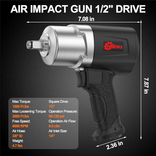 Trivd Frol Air Impact Wrench 1/2" - 1/2 Inch Impact Gun 1/2 Drive, 1500Ft-lbs, 8000RPM High Torque Impact Wrench, Weight 4.74 lb, 1/2 Air Impact Gun for Auto Repair, Tire Shop - style: 1/2 inch Air impact wrench