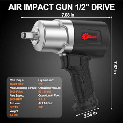Trivd Frol Air Impact Wrench 1/2" - 1/2 Inch Impact Gun 1/2 Drive, 1500Ft-lbs, 8000RPM High Torque Impact Wrench, Weight 4.74 lb, 1/2 Air Impact Gun for Auto Repair, Tire Shop - style: 1/2 inch Air impact wrench