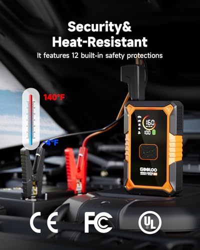 GOOLOO A5 Jump Starter with Air Compressor, 4000A Car Battery Booster | 4-in-1: 4000A Portable Car Jump Starter - 160 PSI Auto-Off Inflator - 45W USB-C Output with Built-In Cable - LED Flashlight - color: Yellow