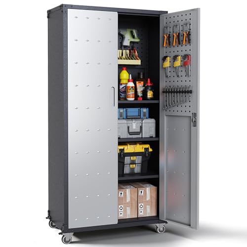Garage Metal Storage Cabinet,71" Rolling Tool Cabinet with Pegboard and 3 Adjustable Shelves,Heavy-Duty Shelving Unit with Lockable Doors for Garage,Workshop,Home & Office Organization - color: Black/Grey, size: 71''H-2 Doors & Pegboard