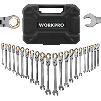 WORKPRO 22-Piece Flex-Head Ratcheting Wrench Set, Ratchet Combination Wrench Sets with Organizer Box, Nickel Plating, 72 Teeth, Metric 6-18mm & SAE 1/4-3/4" - style: Flex-head & Nickel Plating