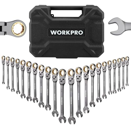 WORKPRO 22-Piece Flex-Head Ratcheting Wrench Set, Ratchet Combination Wrench Sets with Organizer Box, Nickel Plating, 72 Teeth, Metric 6-18mm & SAE 1/4-3/4" - style: Flex-head & Nickel Plating