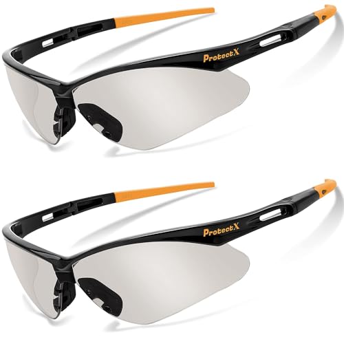 ProtectX Safety Glasses for Men & Women, Safety Sunglasses with Anti-Fog Scratch Resistant Lenses, Non-Slip Grips, ANSI Z87.1 - color: Evergreen Orange Tip Indoor/Outdoor 2 Pk