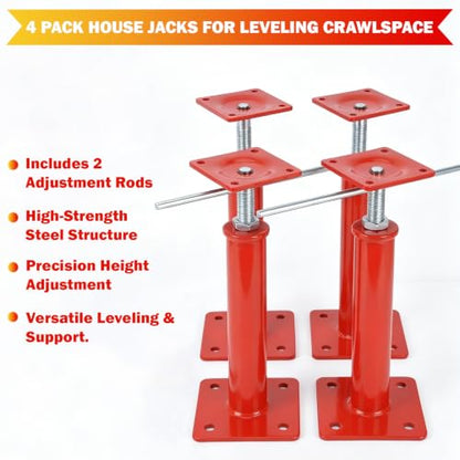 4 Pack House Jacks for Leveling, 11-16 in Crawlspace Support Posts | 4-Pack support set - For crawlspaces, basements, floor joists and beams; includes 4 jack posts and 2 adjustment rods