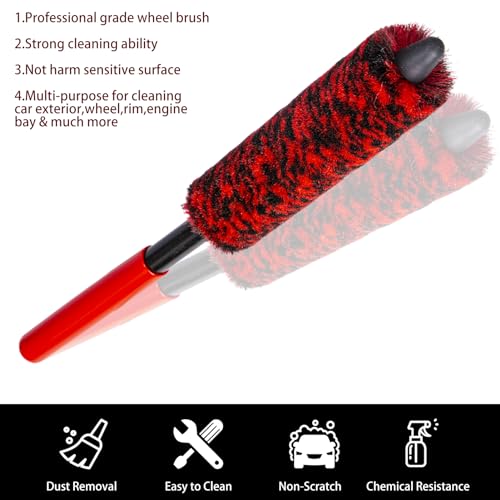 Metal Free Soft Wheel Cleaner Brush, Synthetic Wool Car Cleaning Brush, Highly Water Absorption, Dense and Durable Tire Brush for Cleaning Wheels, Rims, Spokes, Fenders, Engines… - color: black+red