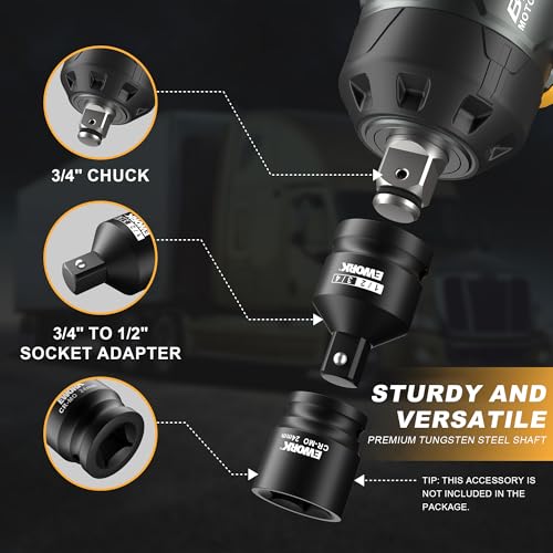 EWORK 3/4" Cordless Impact Wrench 21V Heavy Duty Electric Wrench Max 1500 Ft-lbs, Brushless Motor, High Torque Impact Gun with 6.0Ah Battery & 3/4" to 1/2 Inch Socket Adapter for Heavy Truck/Pickup