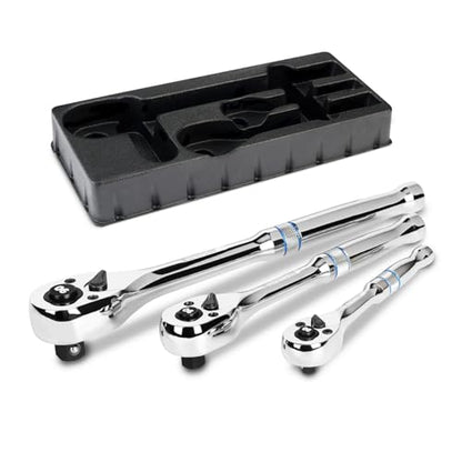 DURATECH 3-Piece Drive Ratchet, 90-Tooth Quick-Release Ratchet Wrench | 1/4", 3/8", 1/2" Socket Wrench for Men Women, Reversible, Cr-V Made, 4° Swing, Full Polished-with Plastic Insert Storage Box - size: Combo Kit (Plastic Tray)