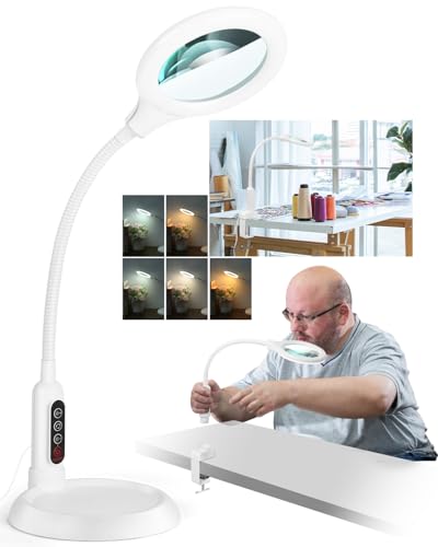 12X Magnifying Glass with Light and Stand, Real Glass, LED 5 Color Modes, Brightness Stepless Dimming Lighted Magnifier Hands Free, Flexible Gooseneck Desk Lamp with Clamp for Close Work, Craft, White - color: White