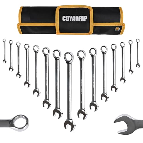 15-Piece Combination Wrench Set, 1/4" to 1-1/16" SAE Wrench Sets, Chrome Vanadium Steel Wrenches with 12-Point Box End, 15-Degree Offset, Mirror Polished - size: Sae-15 piece set