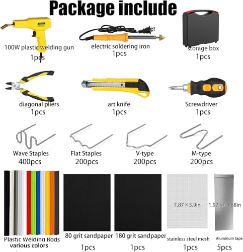 Plastic Welder, 2 in 1 Plastic Welding Kit, SONNLER 1000PCS Hot Stapler Plastic Repair Kit For Car Bumper Crack Repair with Iron, Rods, Metal Mesh, Abrasive Paper, Aluminum Tape - color: Yellow
