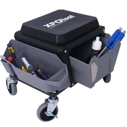 Heavy Duty Rolling Mechanic Stool with Drawer and Tool Trays – 330 lbs Capacity Garage Seat with 4" Locking Wheels, Storage for Auto Detailing, Car Repair, Workshop Use,Gray - color: Gray