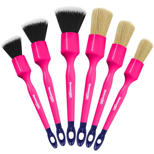 YeewayVeh 6PCS Car Detailing Brush Set, 3pcs Boars Hair Detailing Brushes, 3pcs Ultra Soft Detail Brush for Leather Seat Air Vents Engine Bay, Detail Brushes Car Detailing for Interior Exterior, Pink - color: Magenta Pink