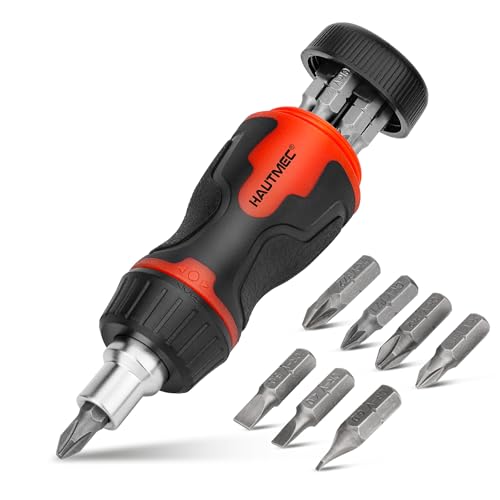 HAUTMEC 8-in-1 Stubby Ratcheting Screwdriver Set, Multi Screwdriver Tool All in One, Ratchet Short Screwdriver Set with Multi Bit Screw Driver for Use in Confined Space, Chrome Vanadium Steel Shaft - color: 8-in-1 Ratcheting