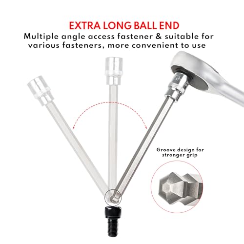 TOMMARS 16-Pc 3/8 Inch Drive Ball End Long Hex Bit Socket Set | Ball End, Extra Long Allen Socket Set, SAE & Metric 1/8-3/8 in., 3-10 mm,CR-V , S2 Steel - style: Ball End,3-10mm,1/8"-3/8"(16PCS)