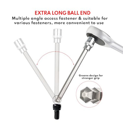 TOMMARS 16-Pc 3/8 Inch Drive Ball End Long Hex Bit Socket Set | Ball End, Extra Long Allen Socket Set, SAE & Metric 1/8-3/8 in., 3-10 mm,CR-V , S2 Steel - style: Ball End,3-10mm,1/8"-3/8"(16PCS)