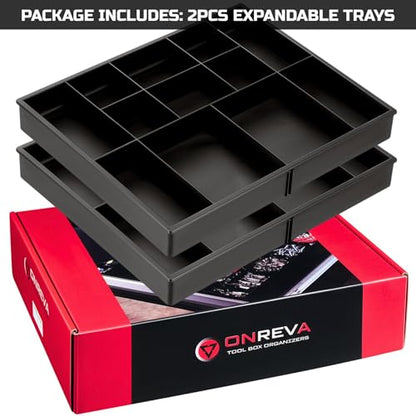 ONREVA Tool Box Organizer Tray Divider Set, Expandable Large Toolbox Storage Tray Kit, Rolling Tool Chest Drawer Bins, Hardware Screwdrivers Pliers Organization, 2pcs low profile Trays.
