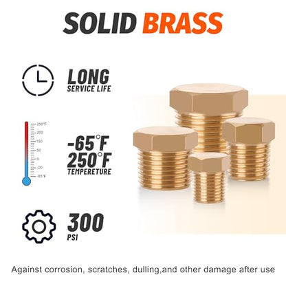 24 PCS Brass Hex Pipe Plug Fittings Kits,Brass Plugs Fitting Assortment Kit 1/8" 1/4" 3/8" 1/2" NTP Plugs Male Threaded - size: Hex Plug