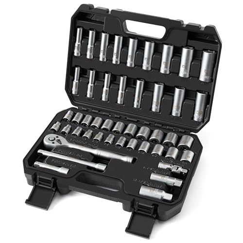 Prostormer Drive Socket Wrench Set, 46-Piece 3/8'' Ratcheting Wrench Set | with 72 Tooth Ratchet, Universal Joint, Extension Bars for Home and Automotive Repair