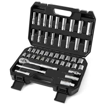 Prostormer Drive Socket Wrench Set, 46-Piece 3/8'' Ratcheting Wrench Set | with 72 Tooth Ratchet, Universal Joint, Extension Bars for Home and Automotive Repair