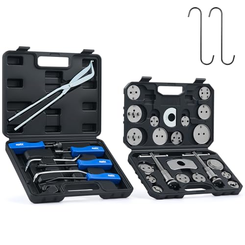 OMT 32pc Dual Brake Tool Kit w Caliper Compressor and Drum Brake Set, Black | Structural-Grade Steel; Black Oxide Chrome Finish; Piston Wind Back Set for Mechanics; Spring Pliers; 24 Adapters - color: Black