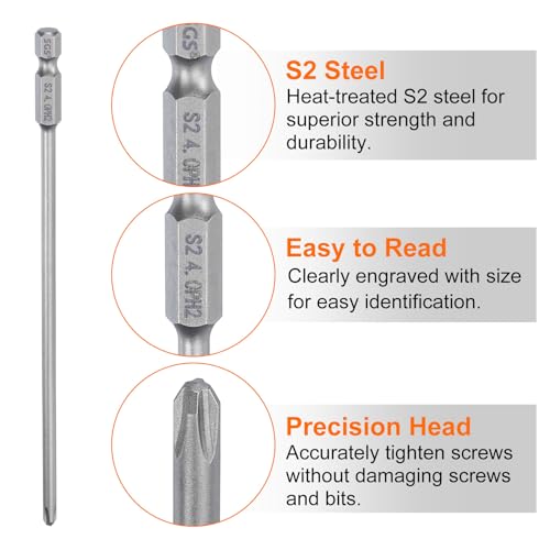 HARFINGTON 5pcs #2 Phillips Screwdriver Bit PH2 1/4" Hex Shank 6" (150mm) Long Magnetic S2 Steel Industrial Grade Screw Driver Bit Cross Head Electric Drill Bits 0.157" (4mm) Rod - size: PH2 x 150mm x 4mm