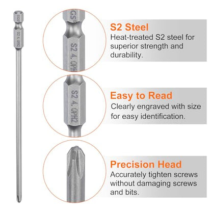 HARFINGTON 5pcs #2 Phillips Screwdriver Bit PH2 1/4" Hex Shank 6" (150mm) Long Magnetic S2 Steel Industrial Grade Screw Driver Bit Cross Head Electric Drill Bits 0.157" (4mm) Rod - size: PH2 x 150mm x 4mm