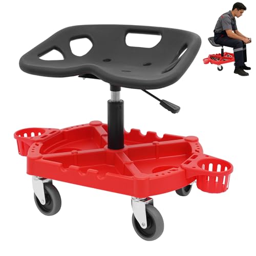 Rolling Garage Stool,330LBS Capacity Rolling Work Stool w/Tool Tray & 4 Swivel Wheels,19.69”-25“ Adjustable Height Ergonomic Mechanic Seat for Workshop Auto Car Repair Shop
