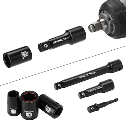 EMENTOL 30PCS 1/2" Drive Shallow Impact Socket Set, Metric, 10mm - 36mm, CR-MO, 6 Point, Includes 3-inch and 6-inch Imapct Extension Bars, 1/4"-1/2" Drill Adapter - size: 1/2" Drive (10mm-36mm),Shallow