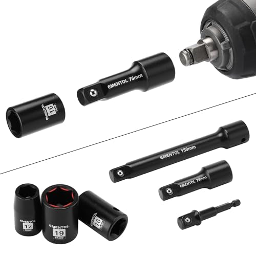 EMENTOL 30PCS 1/2" Drive Shallow Impact Socket Set, Metric, 10mm - 36mm, CR-MO, 6 Point, Includes 3-inch and 6-inch Imapct Extension Bars, 1/4"-1/2" Drill Adapter - size: 1/2" Drive (10mm-36mm),Shallow