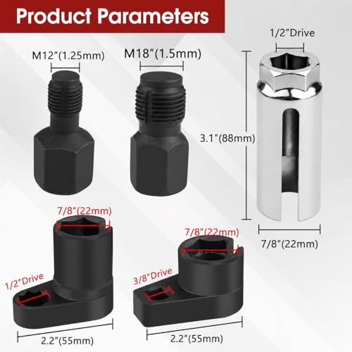5PCS O2 Oxygen Sensor Socket Set, 1/2 & 3/8 in Drive, 7/8 in (22mm), Premium Removal Tool with Thread Chasers & Offset Wrenches, Heavy-Duty Automotive Kit for Easy Installation & Repair