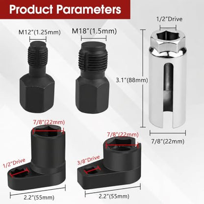 5PCS O2 Oxygen Sensor Socket Set, 1/2 & 3/8 in Drive, 7/8 in (22mm), Premium Removal Tool with Thread Chasers & Offset Wrenches, Heavy-Duty Automotive Kit for Easy Installation & Repair