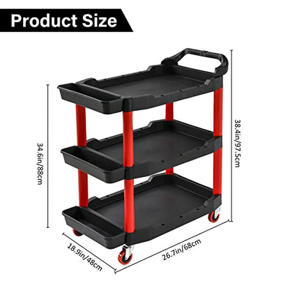Auto Detailing Cart with Locking Wheels, 440 Lb Heavy Duty 3-Tier Rolling Tool Organizer for Mechanics, with Side Trays, Handle - Garage, Car Wash, Workshop & Warehouse Storage