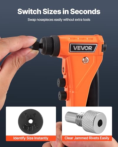 VEVOR Pop Rivet Gun Kit, with 200 Blind Rivets, Heavy Duty Single Hand Riveter with 4 Interchangeable Nosepieces, 4 Drill Bits, and a Carrying Case, Manual Riveting Tool for Metal, Automotive, Home - size: 9", style: RIVET GUN