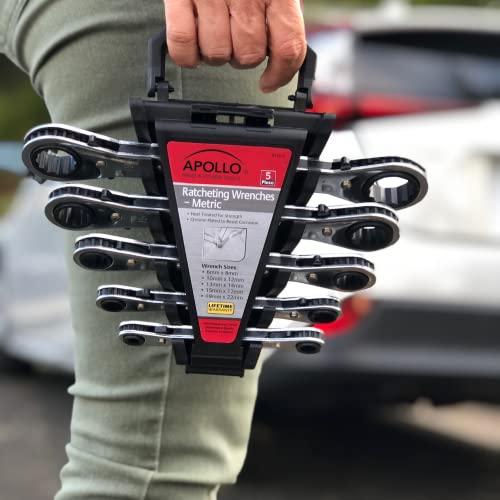 Apollo Tools 5 Piece Metric Steel Ratcheting Wrench Set includes 5 Ratcheting Wrenches in Quick Release Case for Trunk, Garage and on The Road - DT1213