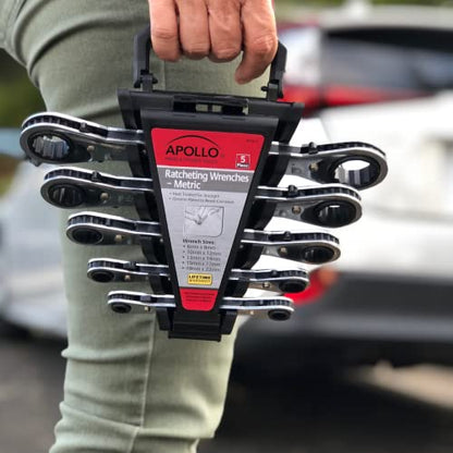Apollo Tools 5 Piece Metric Steel Ratcheting Wrench Set includes 5 Ratcheting Wrenches in Quick Release Case for Trunk, Garage and on The Road - DT1213