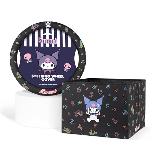 Sanrio Kuromi Car Trunk Organizer & Steering Wheel Cover Set – Cute, Non-Slip, Soft Grip Car Accessories for Women – Collapsible Storage Bin for Groceries, Tools & Travel – 12.5"L x 12.5"W x 9"H - style: Set Kuromi