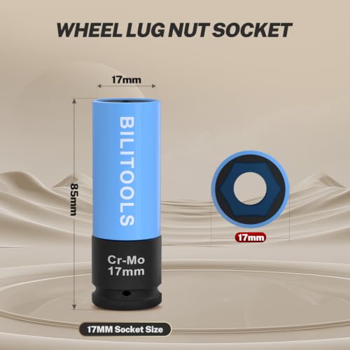 BILITOOLS 17mm Lug Nut Socket, 1/2" Drive Thin Wall Impact Socket | Non-Marring Sleeve, 6-Point Cr-Mo Wheel Socket for Tire Changes, Rims and Auto Repair - size: 17MM