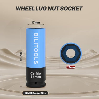 BILITOOLS 17mm Lug Nut Socket, 1/2" Drive Thin Wall Impact Socket | Non-Marring Sleeve, 6-Point Cr-Mo Wheel Socket for Tire Changes, Rims and Auto Repair - size: 17MM