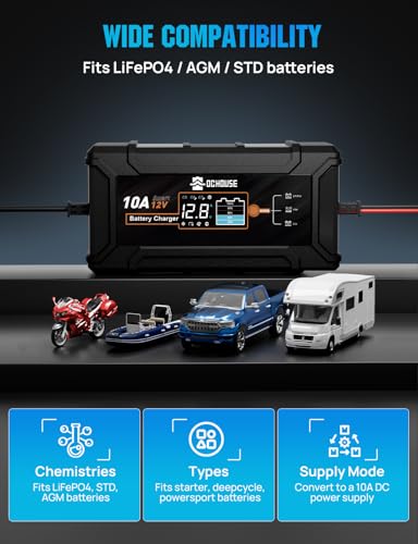 DC House 12V 10A LiFePO4 Battery Charger, Smart Trickle Charger Fully Automatic Maintainer Desulfator for Lead-Acid & LiFePO4 Batteries Car Motorcycle Truck Lawn Mower